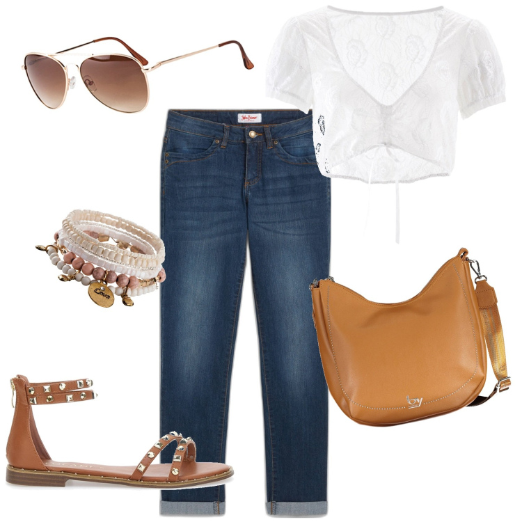 Outfit donna - Total look #1887532. Stile Casual per Tutti i giorni. Abbinamento con jeans dritti, camicie, occhiali da sole, braccialetti, borse a spalla, sandali.