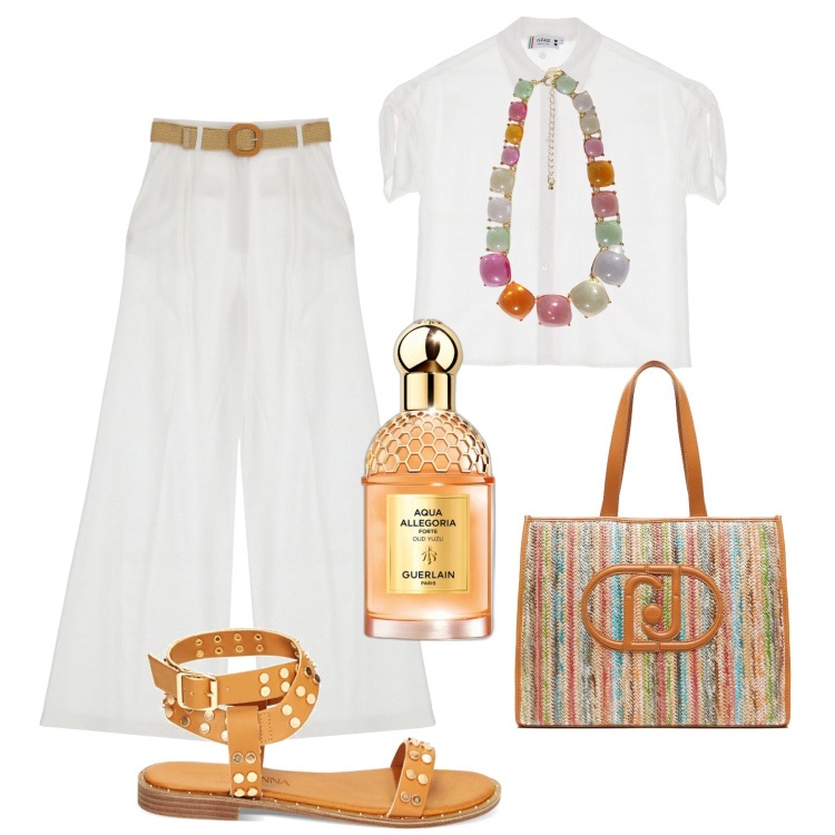 Outfit donna - Fresca in lino bianco. Stile Casual chic per Tutti i giorni. Abbinamento con profumi, pantaloni a palazzo, camicie a manica corta, sandali, collane, shopping bag.