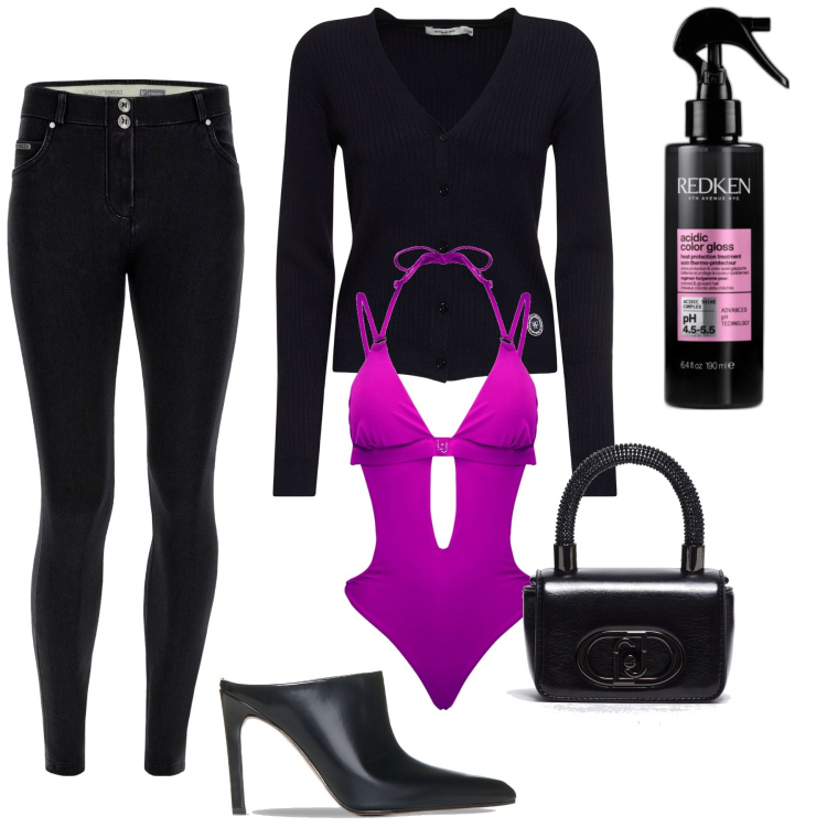 Outfit donna - Total look #1887550. Stile Rock per Mare. Abbinamento con gloss, jeans skinny, costumi interi, cardigans, borse a mano, sabot.