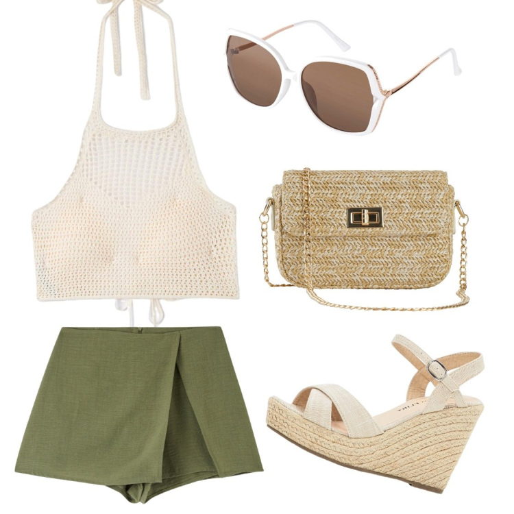 Outfit donna - Finalmente caldo. Stile Casual per Mare. Abbinamento con borse a mano, sandali, occhiali da sole, minigonne, top.
