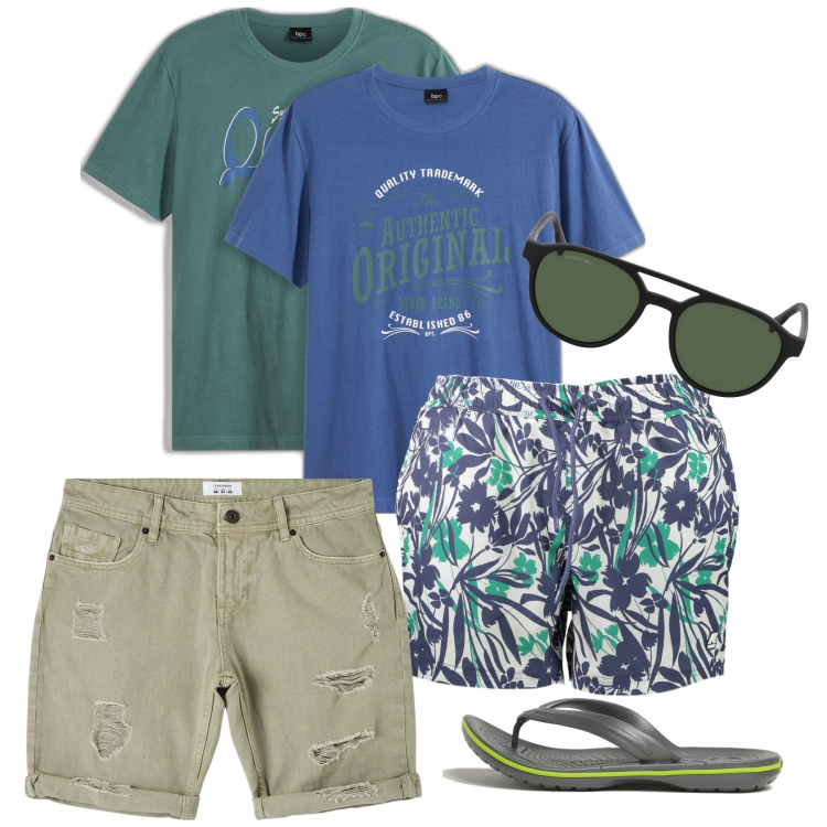 Outfit uomo - Mare. Stile Casual per Mare. Abbinamento con t-shirt, bermuda, occhiali da sole, costumi, sandali.