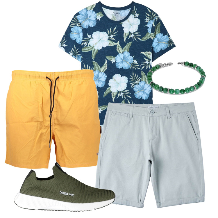 Outfit uomo - Mare. Stile Casual per Mare. Abbinamento con t-shirt, bermuda, sneakers, braccialetti, costumi.