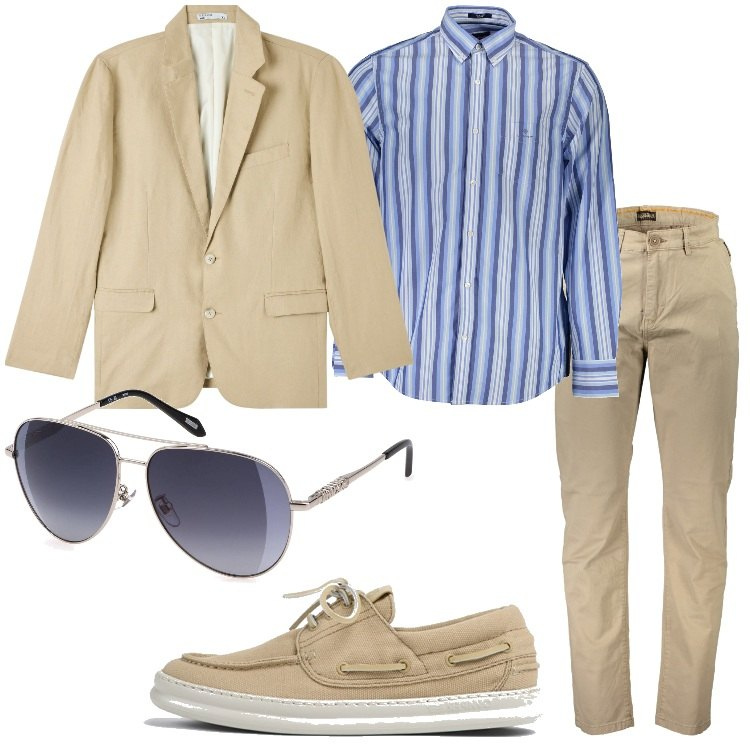 Outfit uomo - L\'aperitivo dopo l\'ufficio. Stile Trendy per Tutti i giorni. Abbinamento con giacche, pantaloni, camicie, occhiali da sole, scarpe stringate.