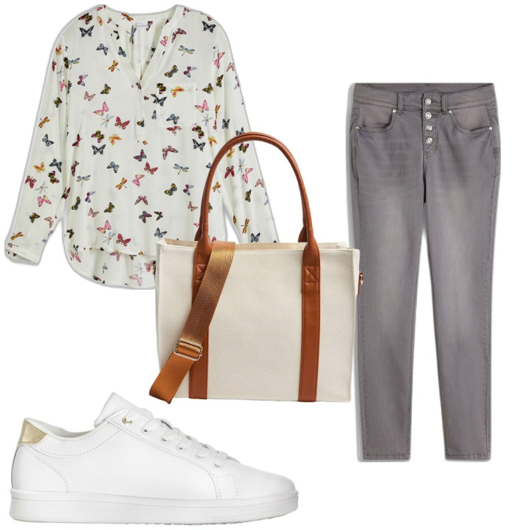 Outfit donna - Total look #1887604. Stile Trendy per Tutti i giorni. Abbinamento con bluse, sneakers, jeans, shopping bag.