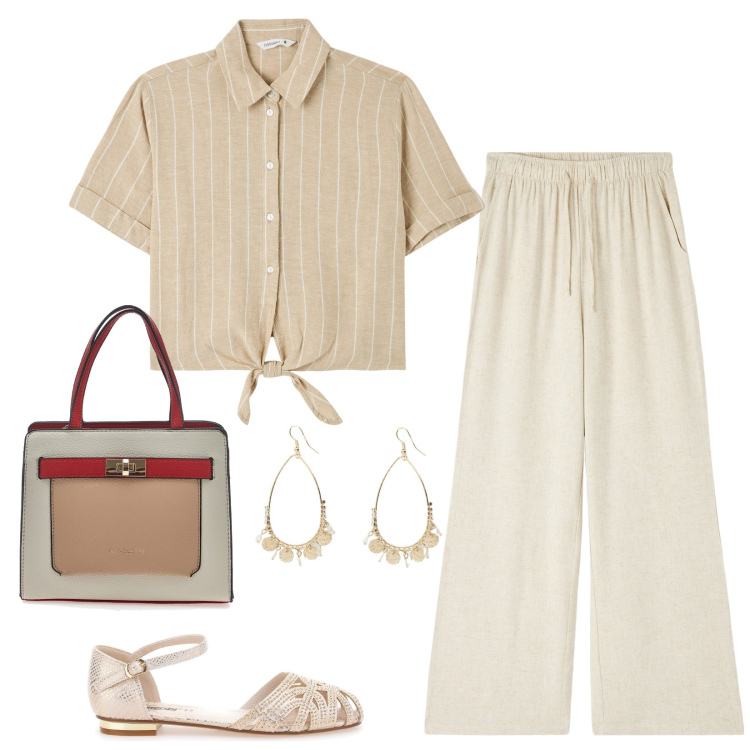 Outfit donna - Neutri. Stile Casual chic per Scuola/Università. Abbinamento con pantaloni, camicie a manica corta, orecchini, sandali gioiello, borse a mano.