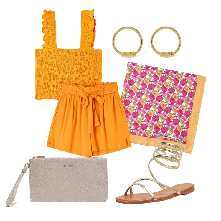Outfit donna - Ghost outfitter - giugno. Stile Trendy per Tutti i giorni. Abbinamento con shorts, top, sandali, orecchini, foulard, pochette.