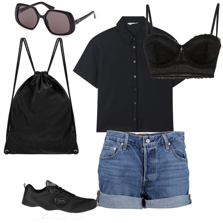 Outfit donna - Passeggiata. Stile Basic per Tutti i giorni. Abbinamento con reggiseni a balconcino, camicie a manica corta, zaini, jeans, occhiali da sole, sneakers.