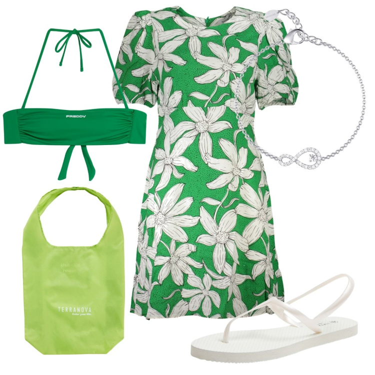 Outfit donna - Total look #1887649. Stile Trendy per Mare. Abbinamento con sandali, shopping bag, braccialetti, bikini, vestiti corti.