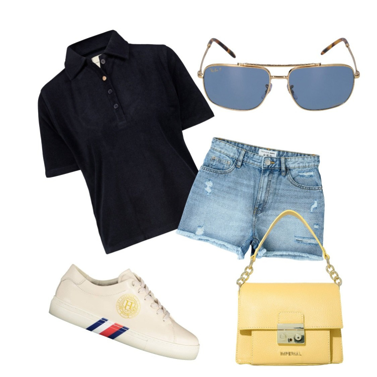 Outfit donna - Shorts e tshirt. Stile Casual per Tutti i giorni. Abbinamento con shorts, pochette, sneakers, polo, occhiali da sole.