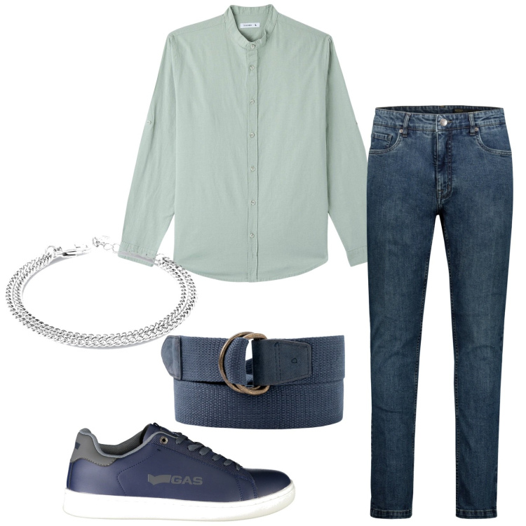 Outfit uomo - In pizzeria. Stile Casual per Serata speciale. Abbinamento con camicie, jeans, cinture, sneakers, braccialetti.