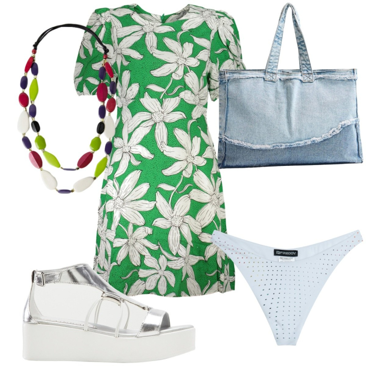 Outfit donna - Total look #1887653. Stile Trendy per Mare. Abbinamento con sandali col tacco, shopping bag, bikini, vestiti corti, collane.