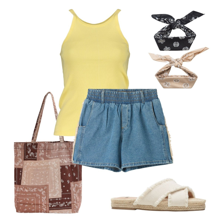 Outfit donna - Il top giallo burro. Stile Basic per Tutti i giorni. Abbinamento con ciabatte, shorts, shopping bag, fasce per capelli, canottiere.
