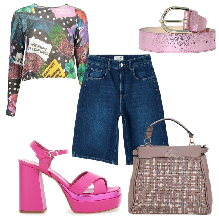 Outfit donna - Pittarello : trendissima in città. Stile Trendy per Tutti i giorni. Abbinamento con bermuda, cinture, sandali col tacco, borse a mano, maglieria.