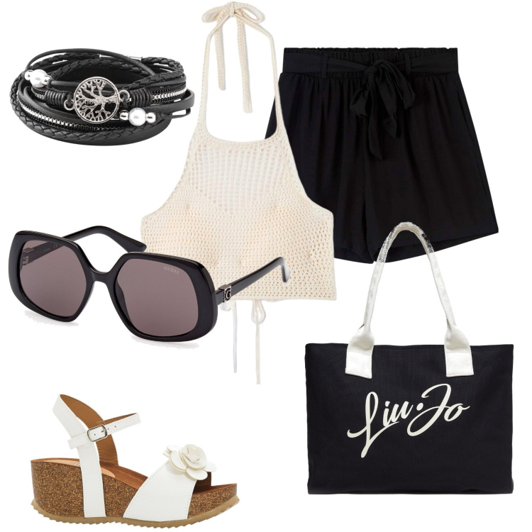 Outfit donna - Total look #1887700. Stile Glamour Abbinamento con sandali, braccialetti, shorts, top, occhiali da sole, shopping bag.