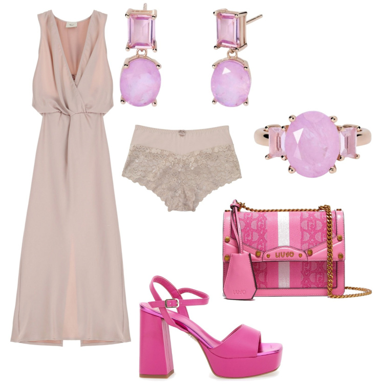 Outfit donna - Pittarello sandali. Stile Chic per Serata fuori. Abbinamento con culotte, anelli, orecchini, vestiti lunghi, sandali col tacco, borse a tracolla.
