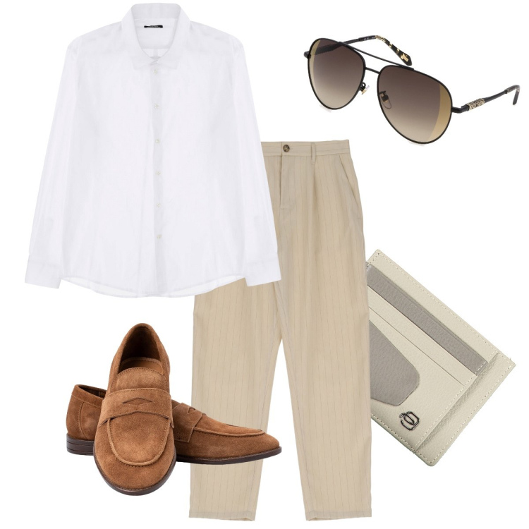 Outfit uomo - Appuntamento con un cliente. Stile Business/Elegante per Ufficio. Abbinamento con camicie, pantaloni, portafogli, scarpe stringate, occhiali da sole.