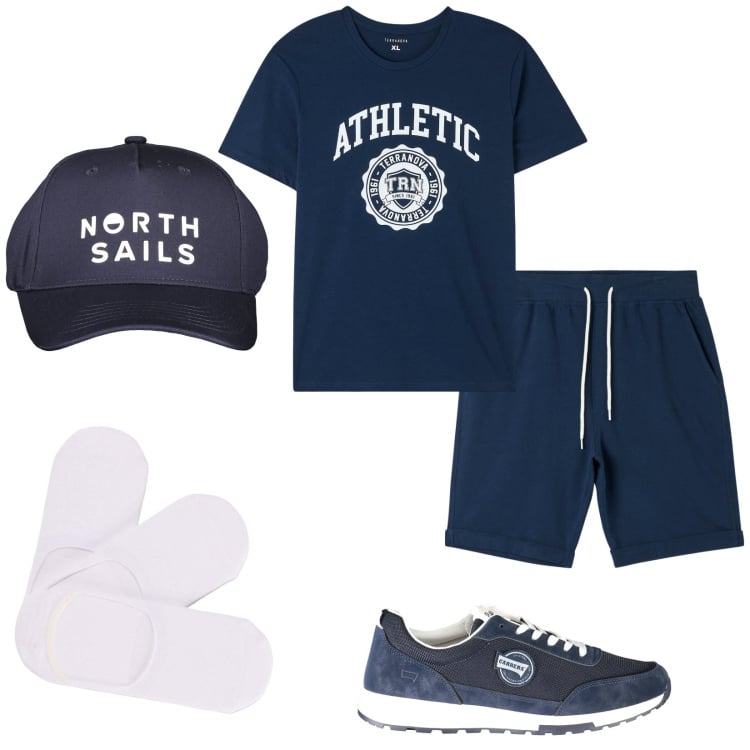 Outfit uomo - Athletic. Stile Casual per Sport. Abbinamento con t-shirt, calzini, shorts, cappelli con visiera, sneakers.