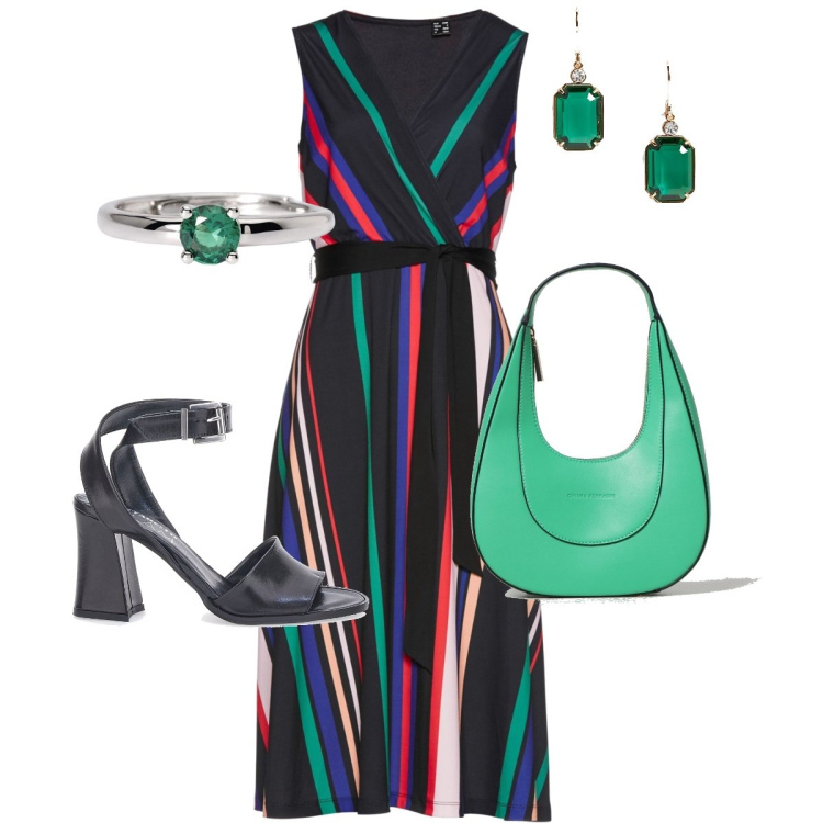 Outfit donna - Raffinata con il verde. Stile Glamour per Ufficio. Abbinamento con vestiti, anelli, orecchini, sandali in pelle, borse a spalla.