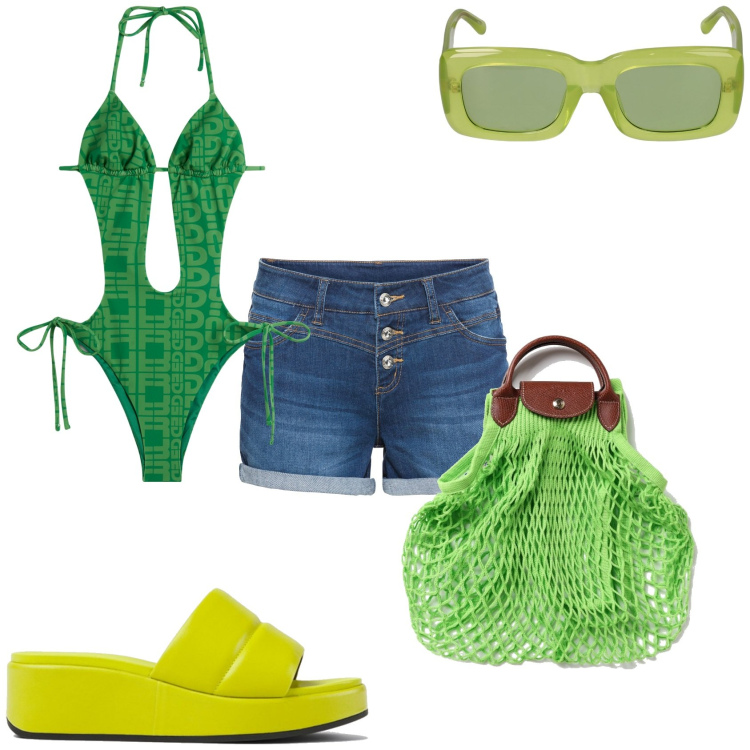 Outfit donna - Vado al mare. Stile Casual per Mare. Abbinamento con shorts, costumi interi, occhiali da sole, borse a mano, sandali in pelle.