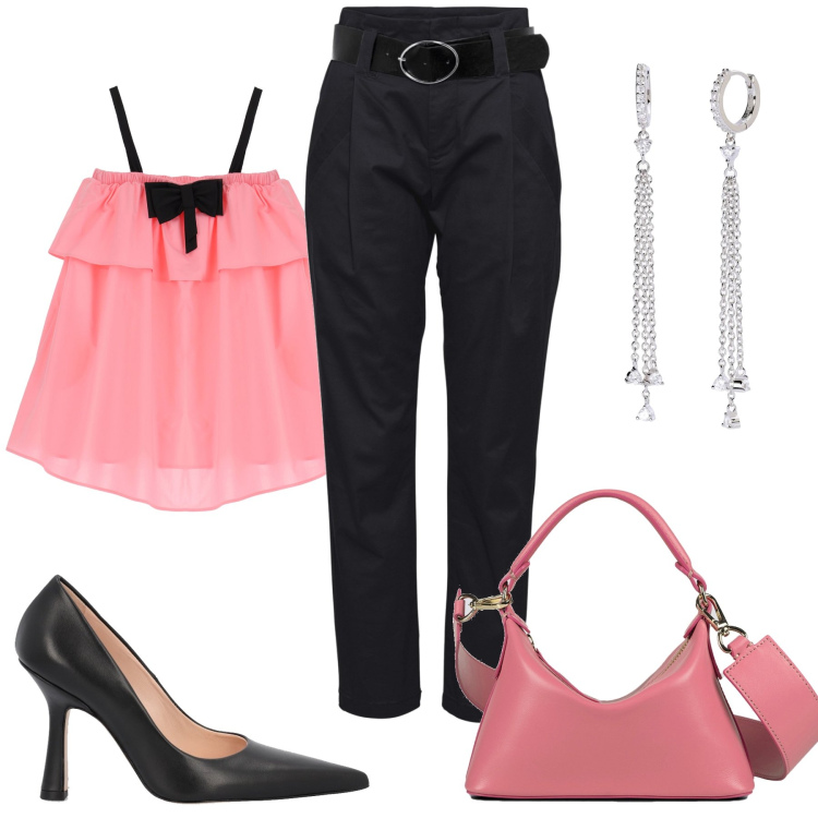 Outfit donna - Rosa e nero. Stile Chic per Serata fuori. Abbinamento con pantaloni, orecchini, vestiti corti, borse a mano, décolleté.