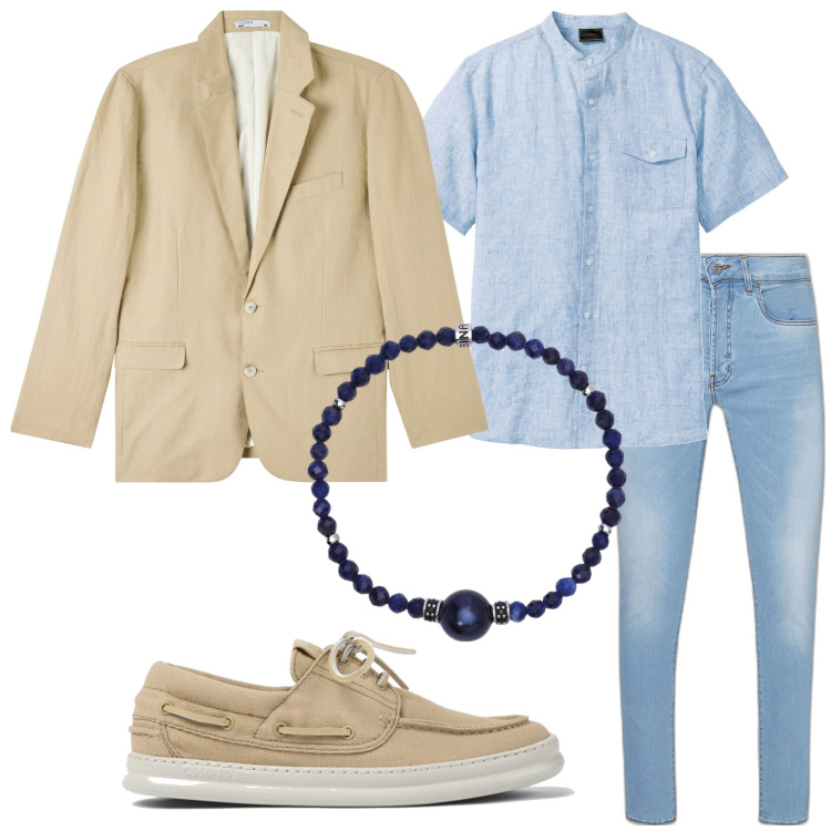 Outfit uomo - Total look #1887785. Stile Trendy per Tutti i giorni. Abbinamento con camicie a manica corta, giacche, braccialetti, jeans skinny, scarpe stringate.