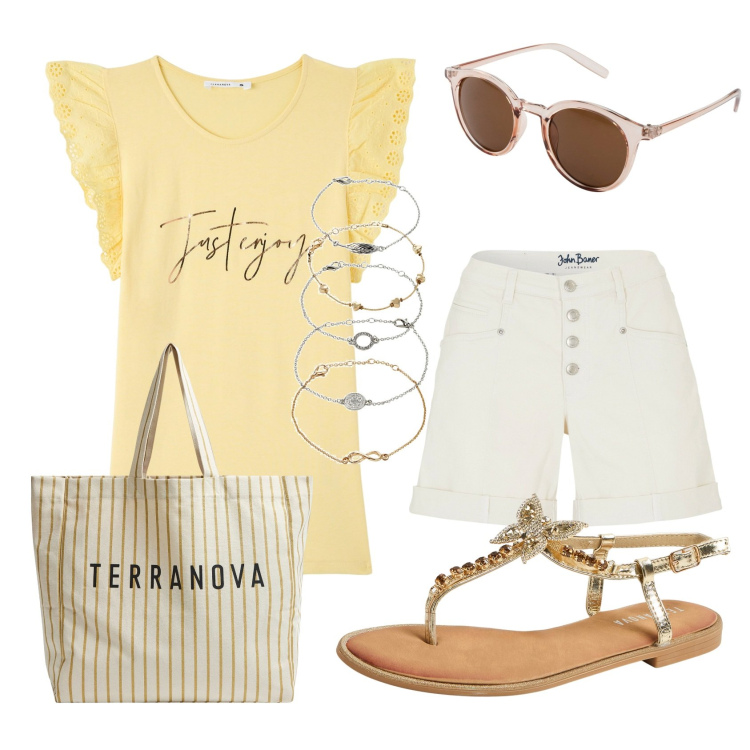 Outfit donna - Here comes the sun. Stile Basic per Mare. Abbinamento con braccialetti con ciondoli, occhiali da sole, shorts, t-shirt, borse tote, sandali gioiello.