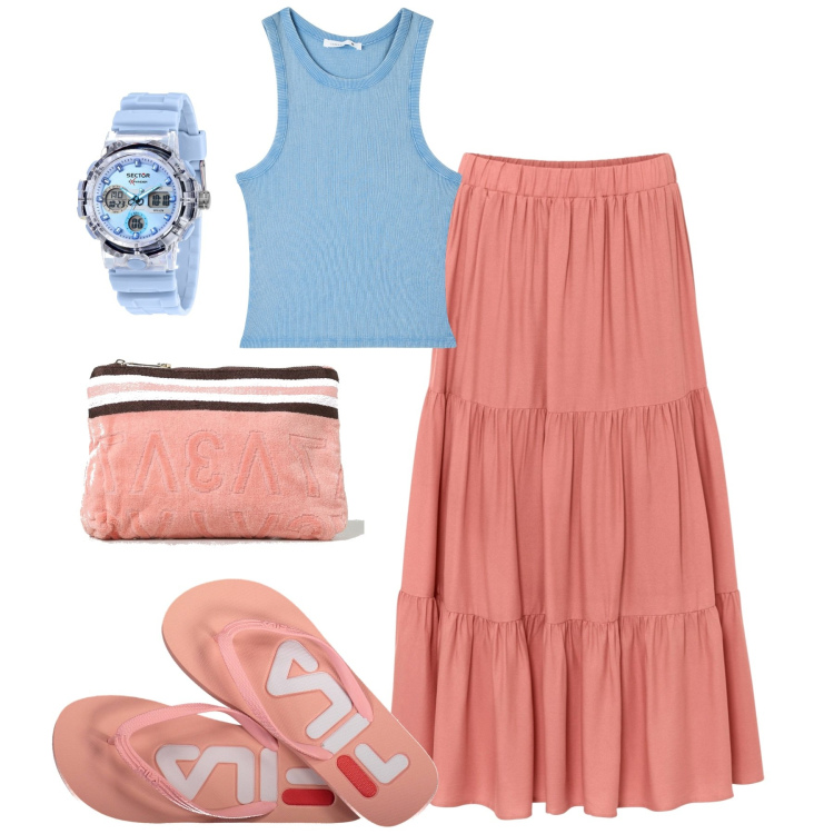Outfit donna - Easy way. Stile Casual per Tutti i giorni. Abbinamento con gonne longuette, orologi, canottiere, infradito, pochette.