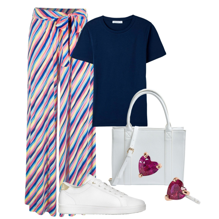 Outfit donna - Diagonal. Stile Basic per Tutti i giorni. Abbinamento con pantaloni a palazzo, sneakers, t-shirt, shopping bag, orecchini.