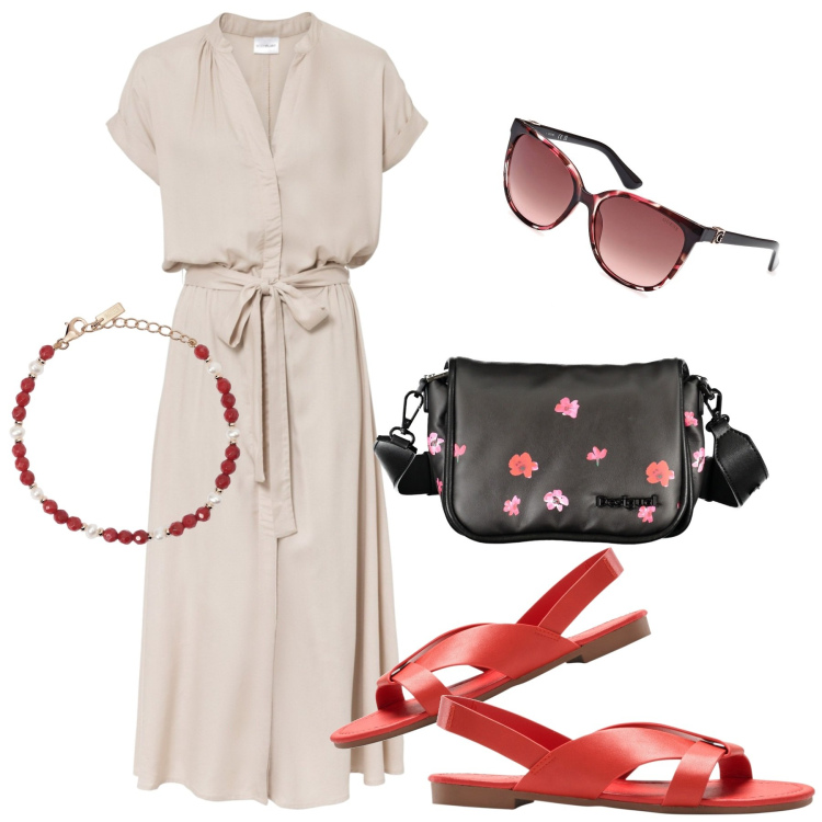 Outfit donna - Morbida. Stile Bon Ton per Tutti i giorni. Abbinamento con vestiti chemisier, sandali, braccialetti, borse a spalla, occhiali da sole.