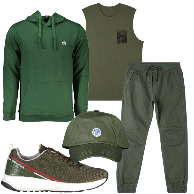 Outfit uomo - Corsa all\' alba. Stile Casual per Sport. Abbinamento con pantaloni, canottiere, scarpe sportive, cappelli con visiera, felpe con cappuccio.
