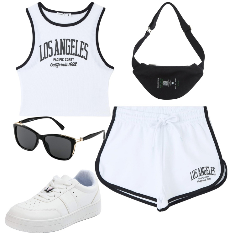 Outfit donna - Sporty. Stile Casual per Sport. Abbinamento con occhiali da sole, marsupi, shorts, sneakers, canottiere.