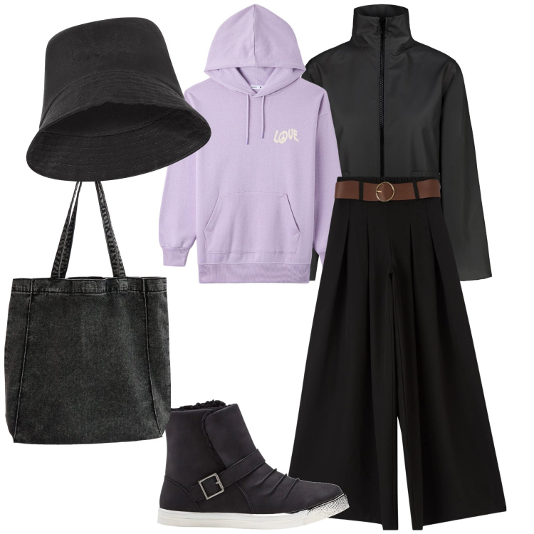Outfit donna - Total look sotto il temporale. Stile Basic per Tutti i giorni. Abbinamento con stivaletti, felpe con cappuccio, shopping bag, pantaloni, cappelli, blazer.