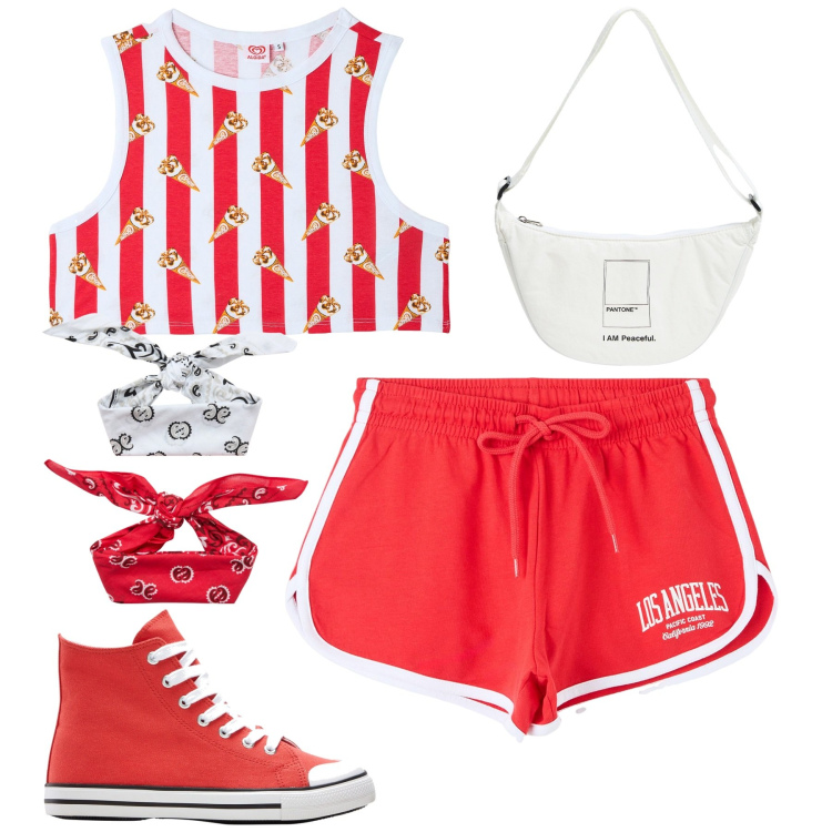 Outfit donna - Vacanze. Stile Casual per Tutti i giorni. Abbinamento con sneakers alte, shorts, marsupi, fasce per capelli, canottiere.