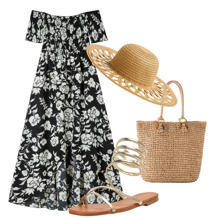 Outfit donna - Fuga romantica. Stile Romantica per Tutti i giorni. Abbinamento con shopping bag, vestiti lunghi, sandali, cappelli.