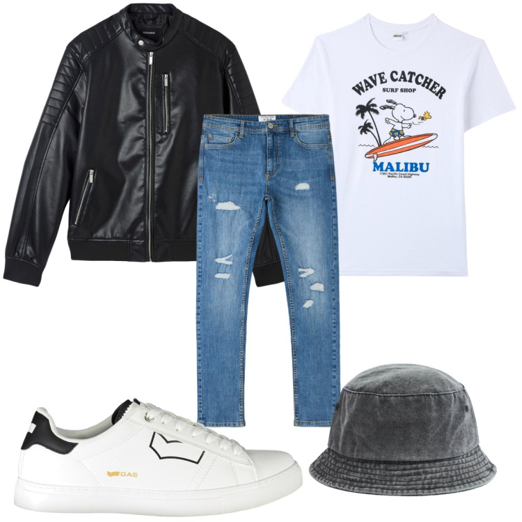 Outfit uomo - Tutti i giorni in jeans. Stile Trendy per Tutti i giorni. Abbinamento con cappelli, t-shirt, giacche, jeans strappati, sneakers.