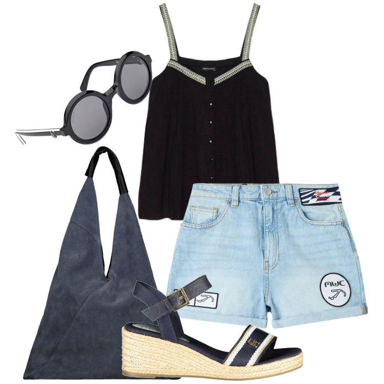 Outfit donna - Shorts. Stile Urban per Tutti i giorni. Abbinamento con shorts, sandali col tacco, borse a spalla, top, occhiali da sole.