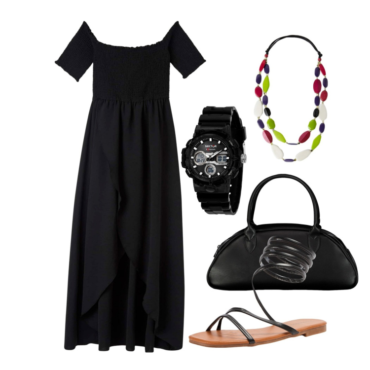 Outfit donna - In giro. Stile Trendy per Tutti i giorni. Abbinamento con orologi, vestiti lunghi, sandali, borse a spalla, collane.