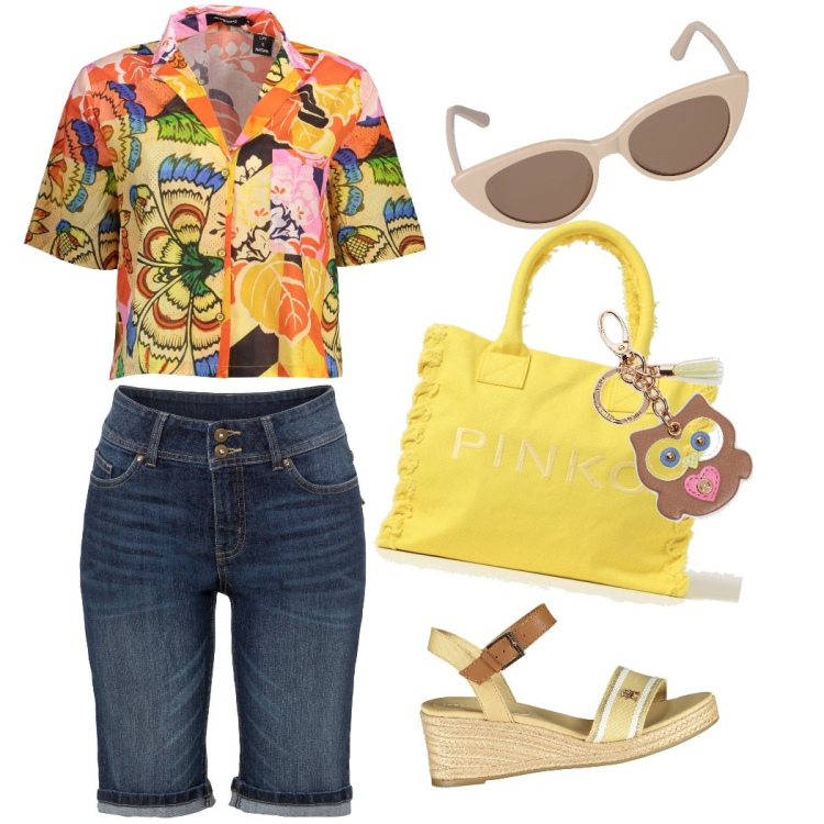 Outfit donna - Sfumature al tramonto. Stile Casual per Tutti i giorni. Abbinamento con bermuda, portachiavi, camicie a manica corta, borse tote, sandali col tacco, occhiali da sole.