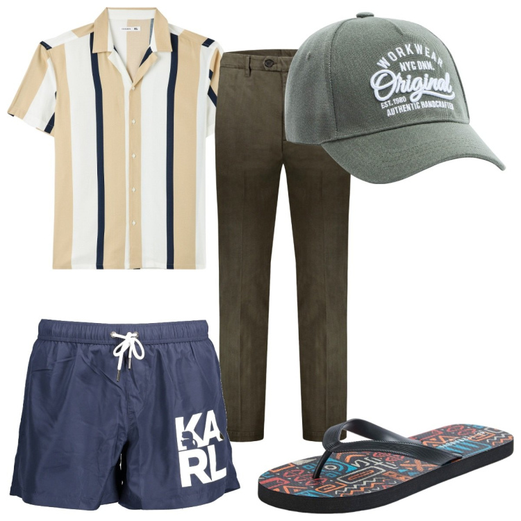 Outfit uomo - Total look #1888012. Stile Trendy per Mare. Abbinamento con camicie a manica corta, sandali, cappelli, pantaloni, costumi.