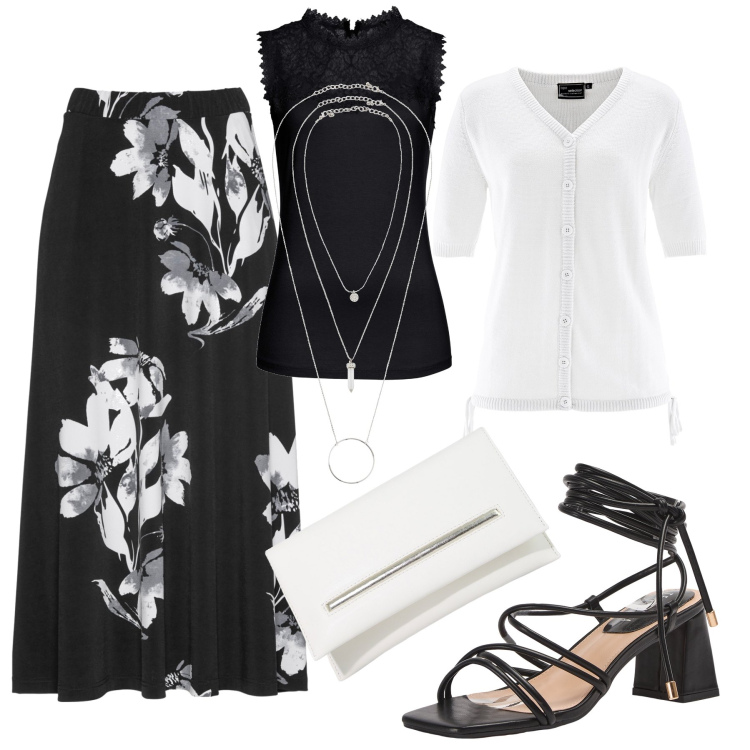 Outfit donna - Serata d’estate. Stile Romantica per Serata fuori. Abbinamento con top, ciondoli, gonne, cardigans, sandali alla schiava, pochette.
