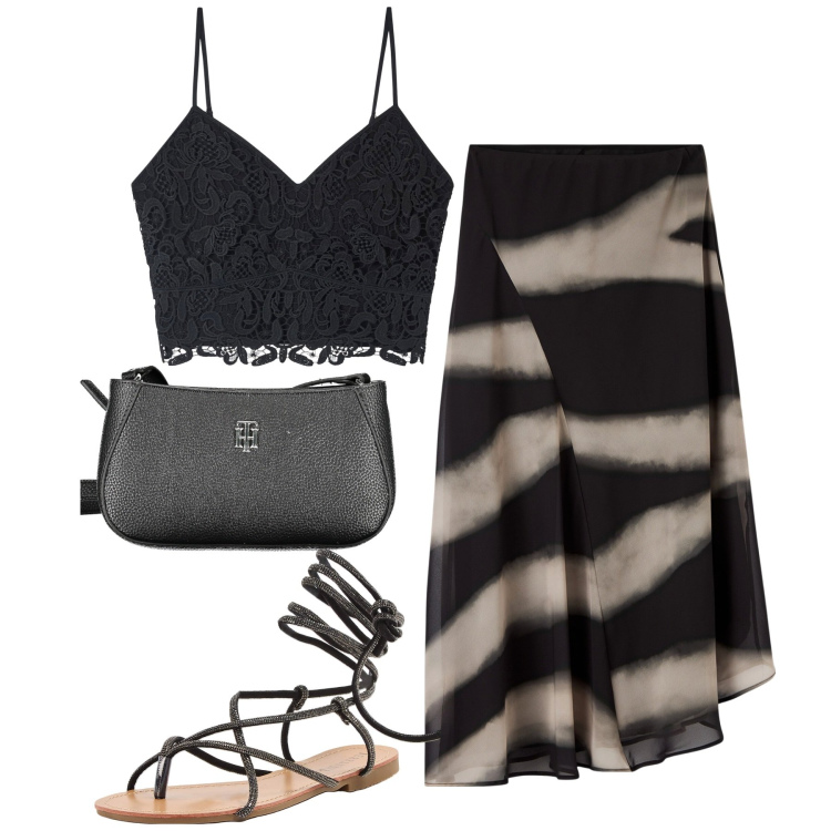 Outfit donna - City. Stile Casual chic per Tutti i giorni. Abbinamento con top, gonne lunghe, sandali alla schiava, borse a tracolla.