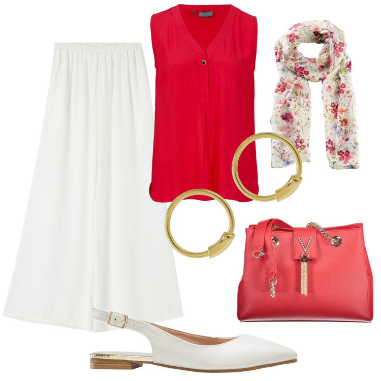 Outfit donna - Rosso e bianco con le ballerine. Stile Trendy per Tutti i giorni. Abbinamento con foulard, ballerine, top, pantaloni, borse a spalla, orecchini.