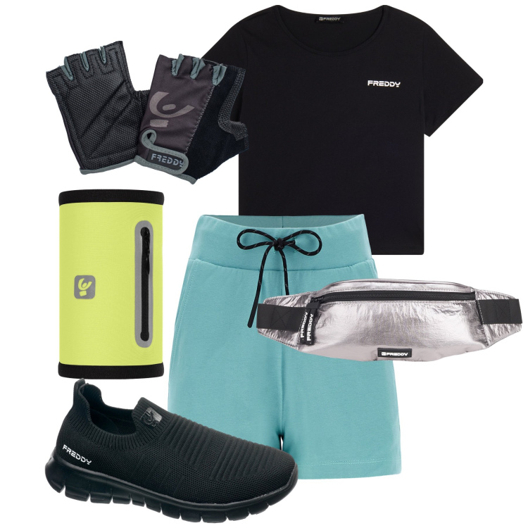 Outfit donna - Ciclismo. Stile Casual per Sport. Abbinamento con guanti, pantaloncini sportivi, fasce per capelli, borse sportive, scarpe sportive, t-shirt sportive.