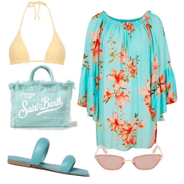 Outfit donna - Mare. Stile Casual chic per Mare. Abbinamento con vestiti da spiaggia, sandali in pelle, bikini, occhiali da sole, borse tote.