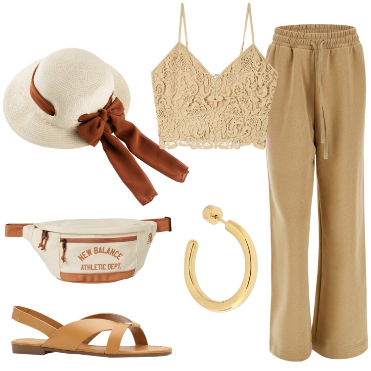 Outfit donna - Giallo Burro scuro!. Stile Sporty chic per Tutti i giorni. Abbinamento con sandali, cappelli, top, marsupi, pantaloni a palazzo, orecchini.