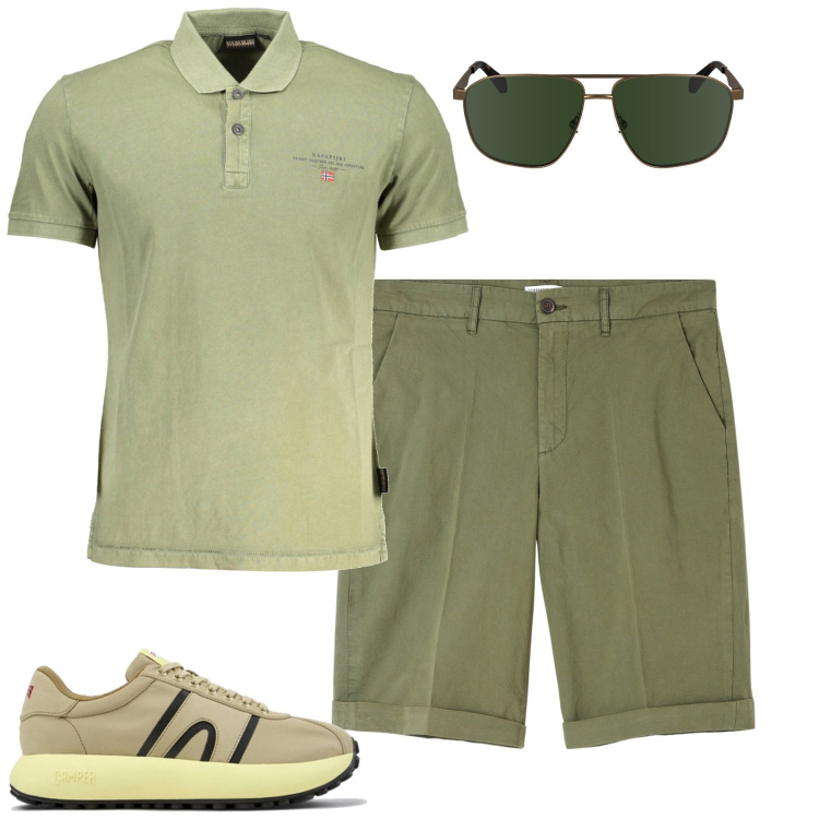 Outfit uomo - City. Stile Casual per Tutti i giorni. Abbinamento con bermuda, polo, occhiali da sole, sneakers.