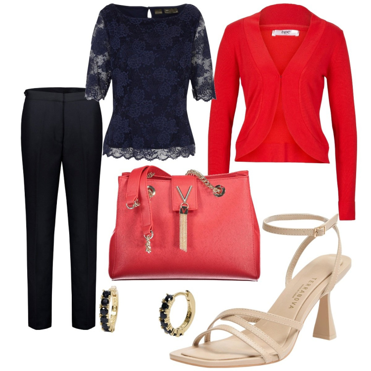 Outfit donna - Classicorosso. Stile Bon Ton per Serata fuori. Abbinamento con bluse, blazer, sandali col tacco, orecchini, pantaloni, borse a spalla.