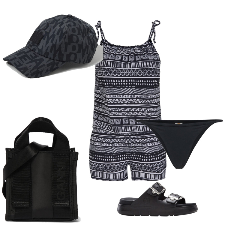 Outfit donna - Tutina copricostume. Stile Basic per Mare. Abbinamento con ciabatte, tute, shopping bag, bikini, cappelli con visiera.