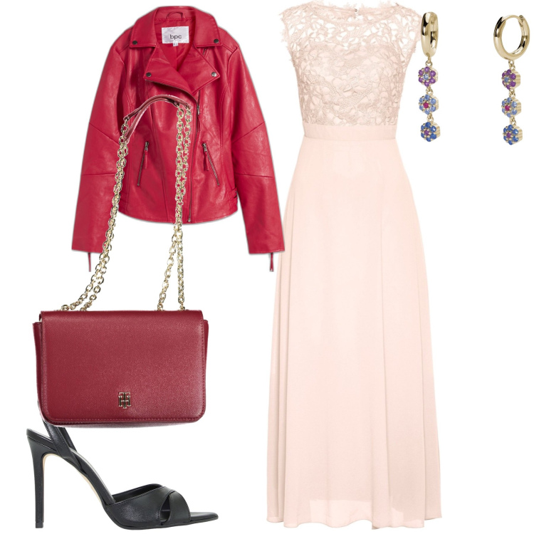 Outfit donna - Grintoso romanticismo. Stile Glamour per Serata fuori. Abbinamento con vestiti lunghi, blazer, orecchini, décolleté, borse a spalla.