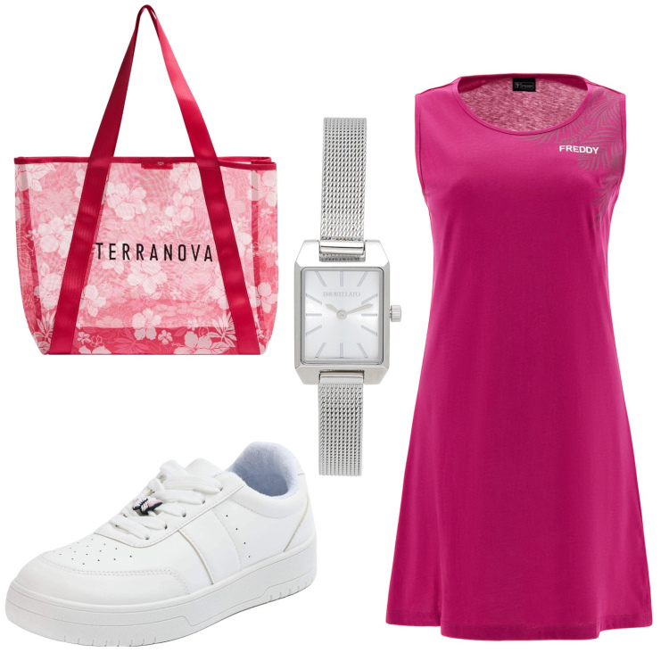 Outfit donna - Un giro al mercato. Stile Bon Ton per Tutti i giorni. look ideale per Petite. Abbinamento con orologi, shopping bag, sneakers, vestiti senza maniche.